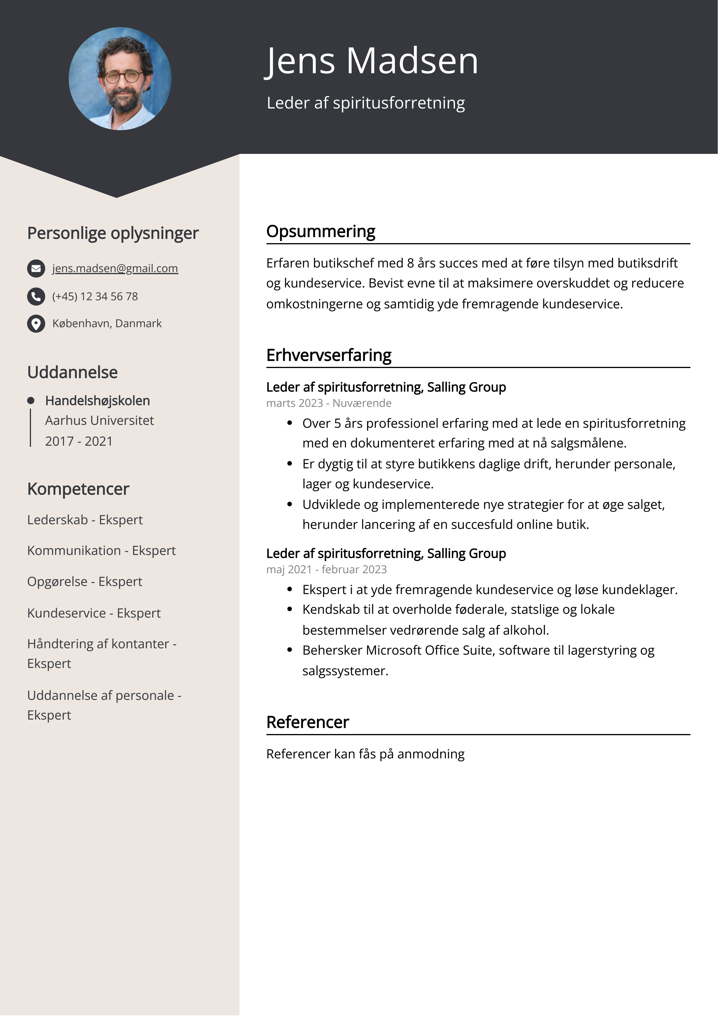 Leder af spiritusforretning CV-eksempel