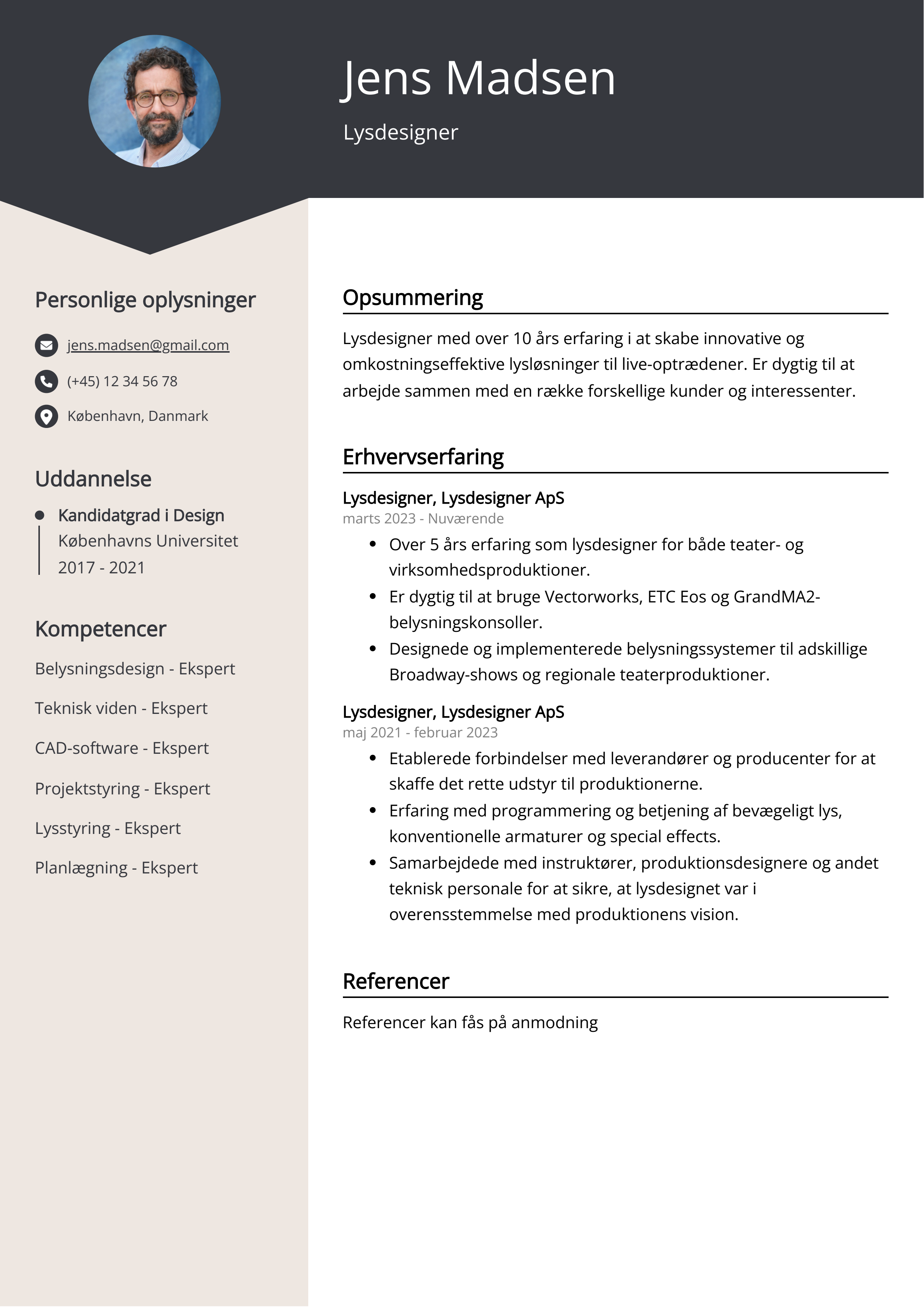 Eksempel på CV for lysdesigner