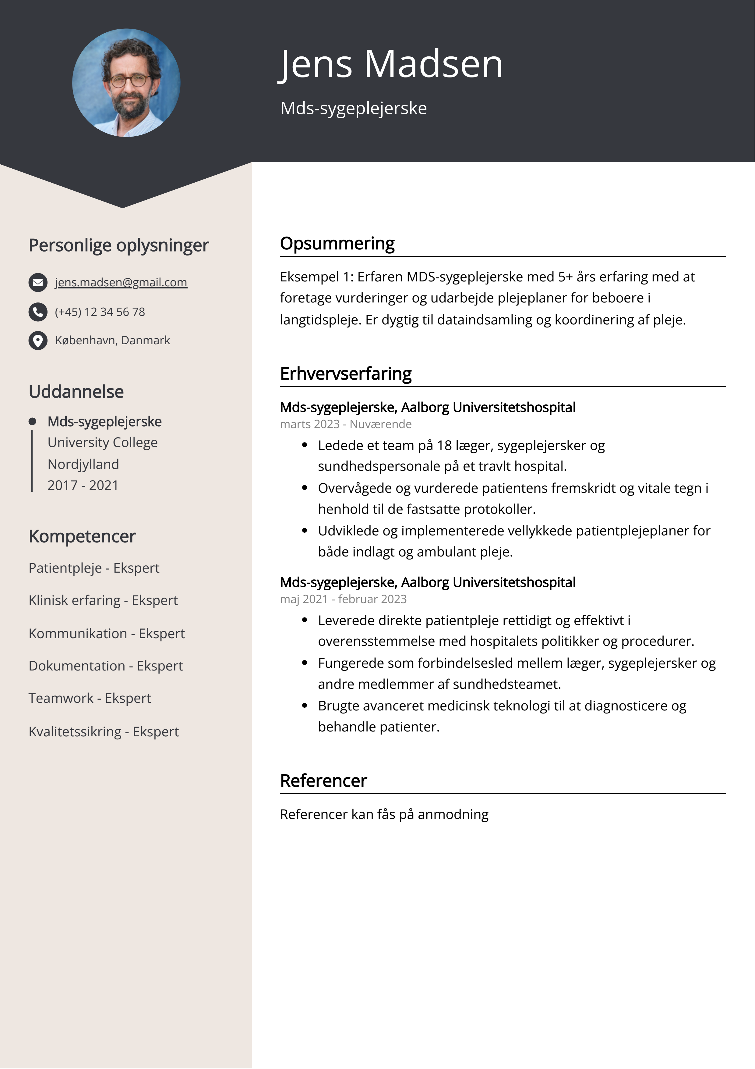 Mds-sygeplejerske CV-eksempel