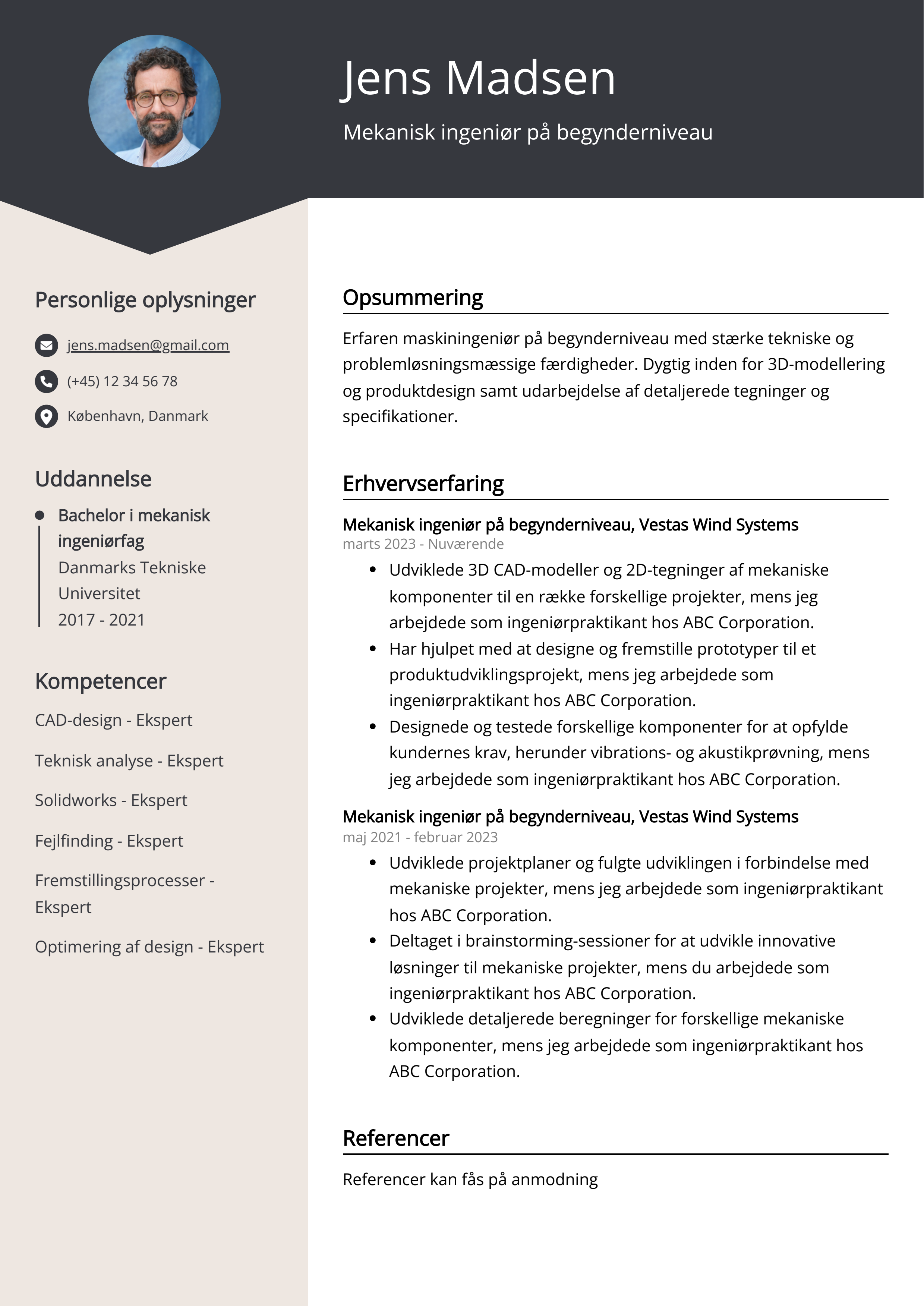 Mekanisk ingeniør på begynderniveau CV-eksempel