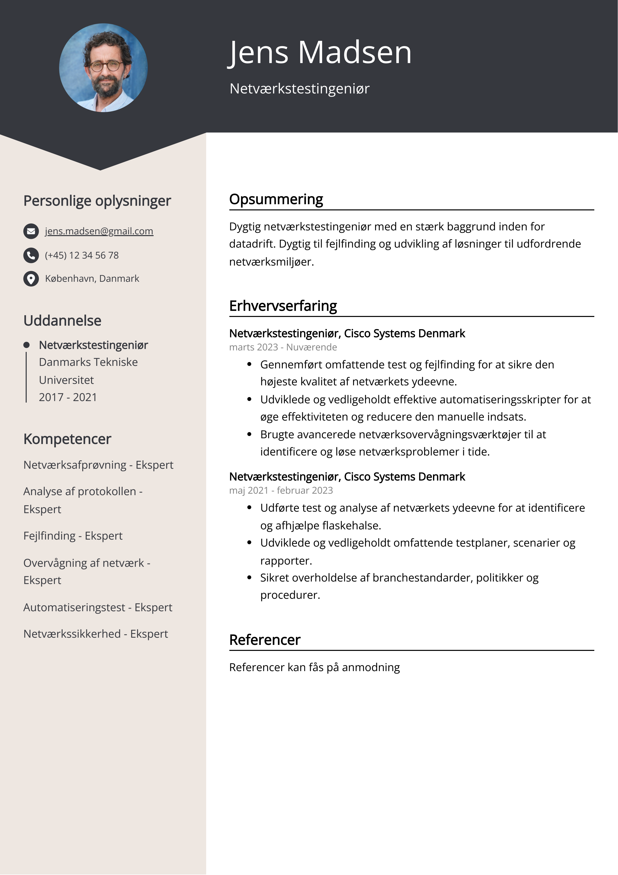 Netværkstestingeniør CV-eksempel