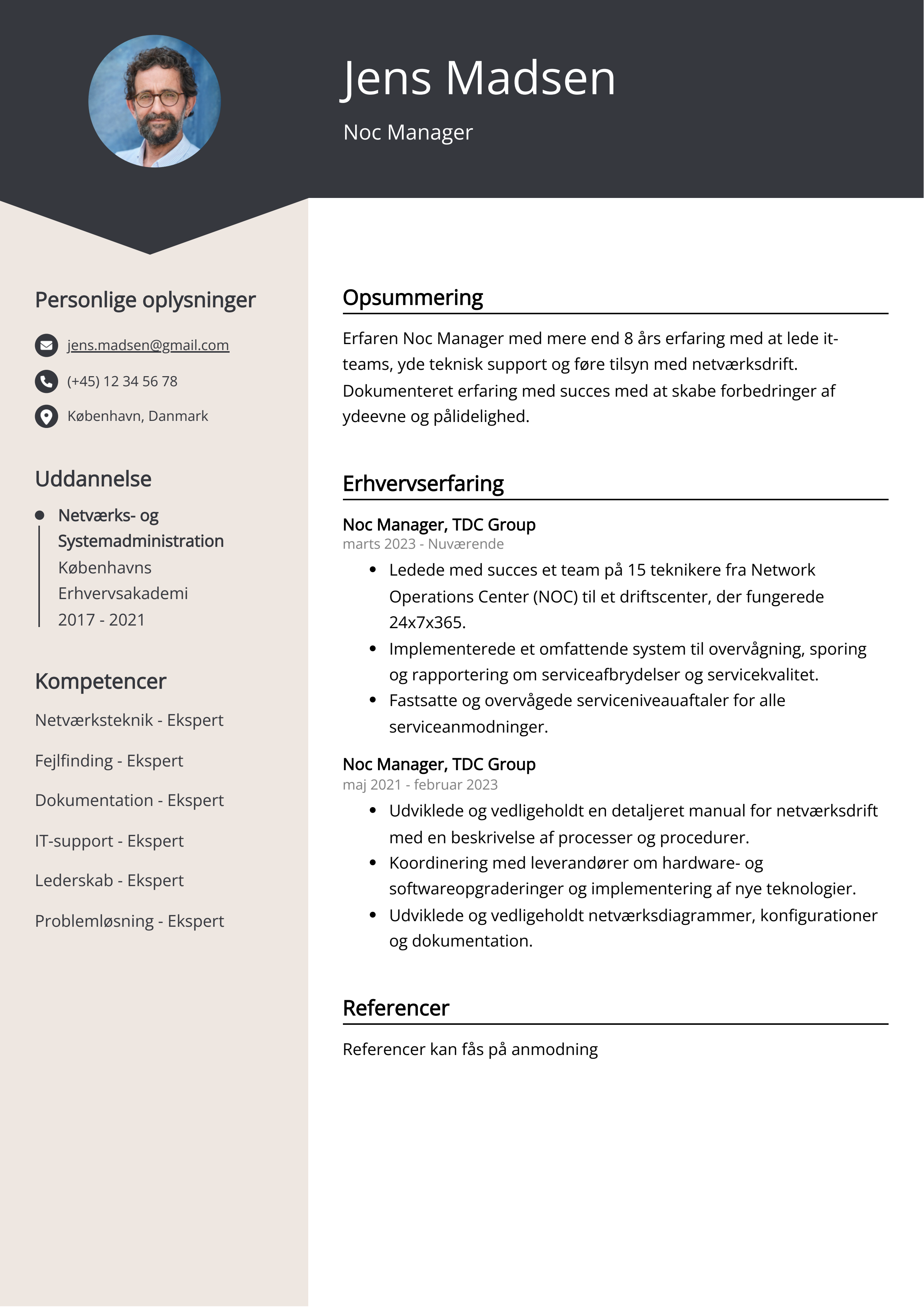 Noc Manager CV-eksempel