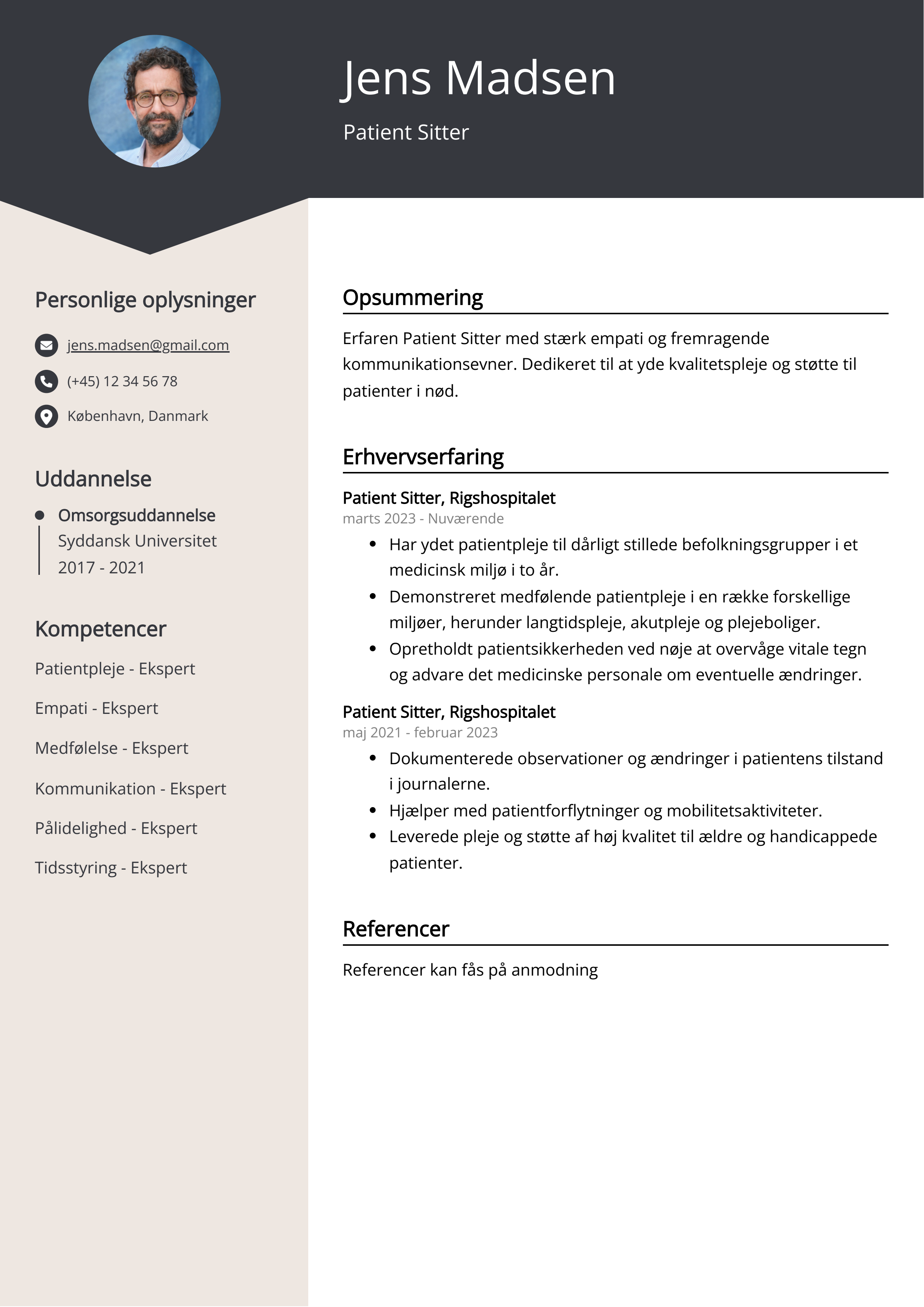 Patient Sitter CV-eksempel