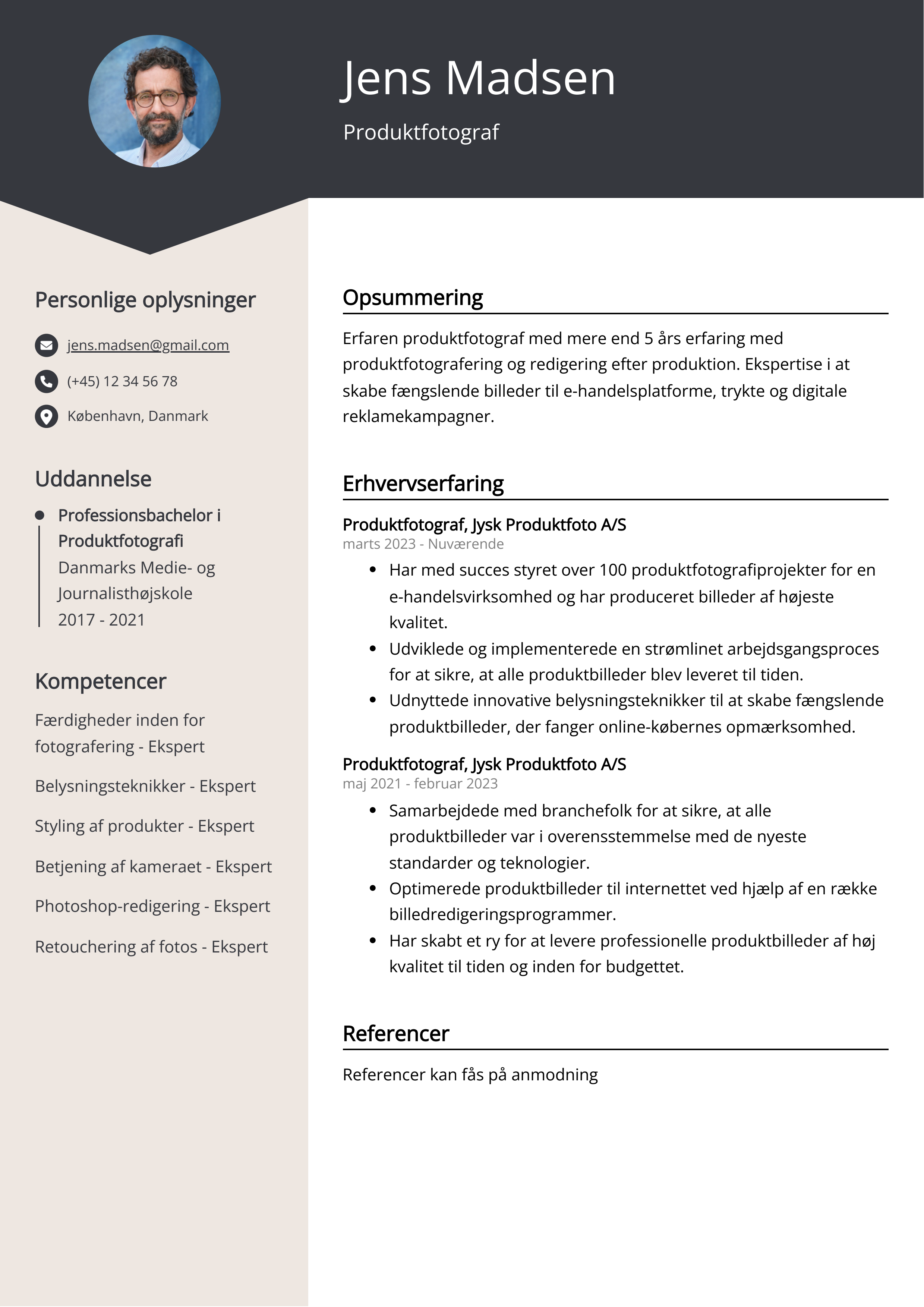 Produktfotograf CV-eksempel