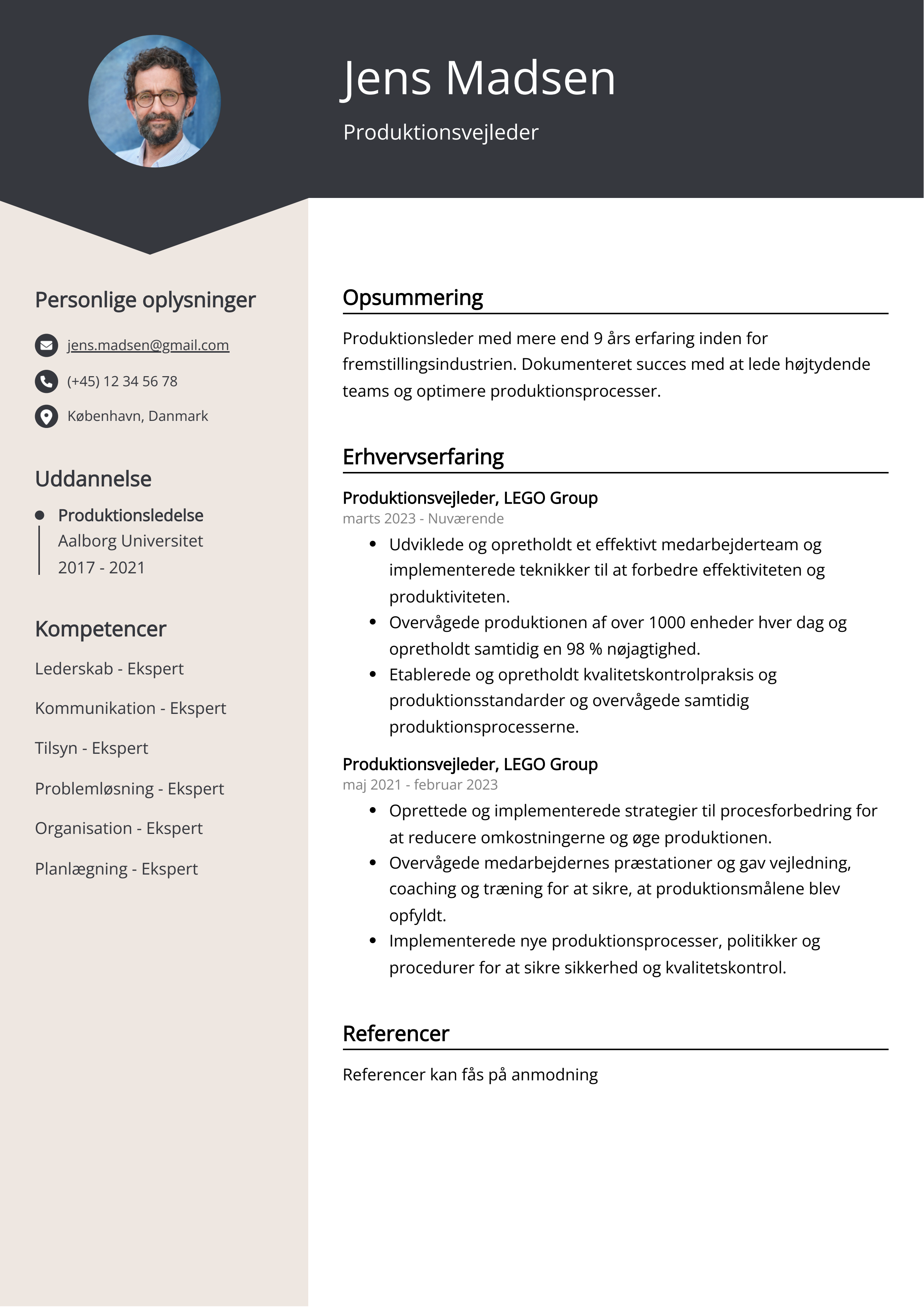 Produktionsvejleder CV eksempel