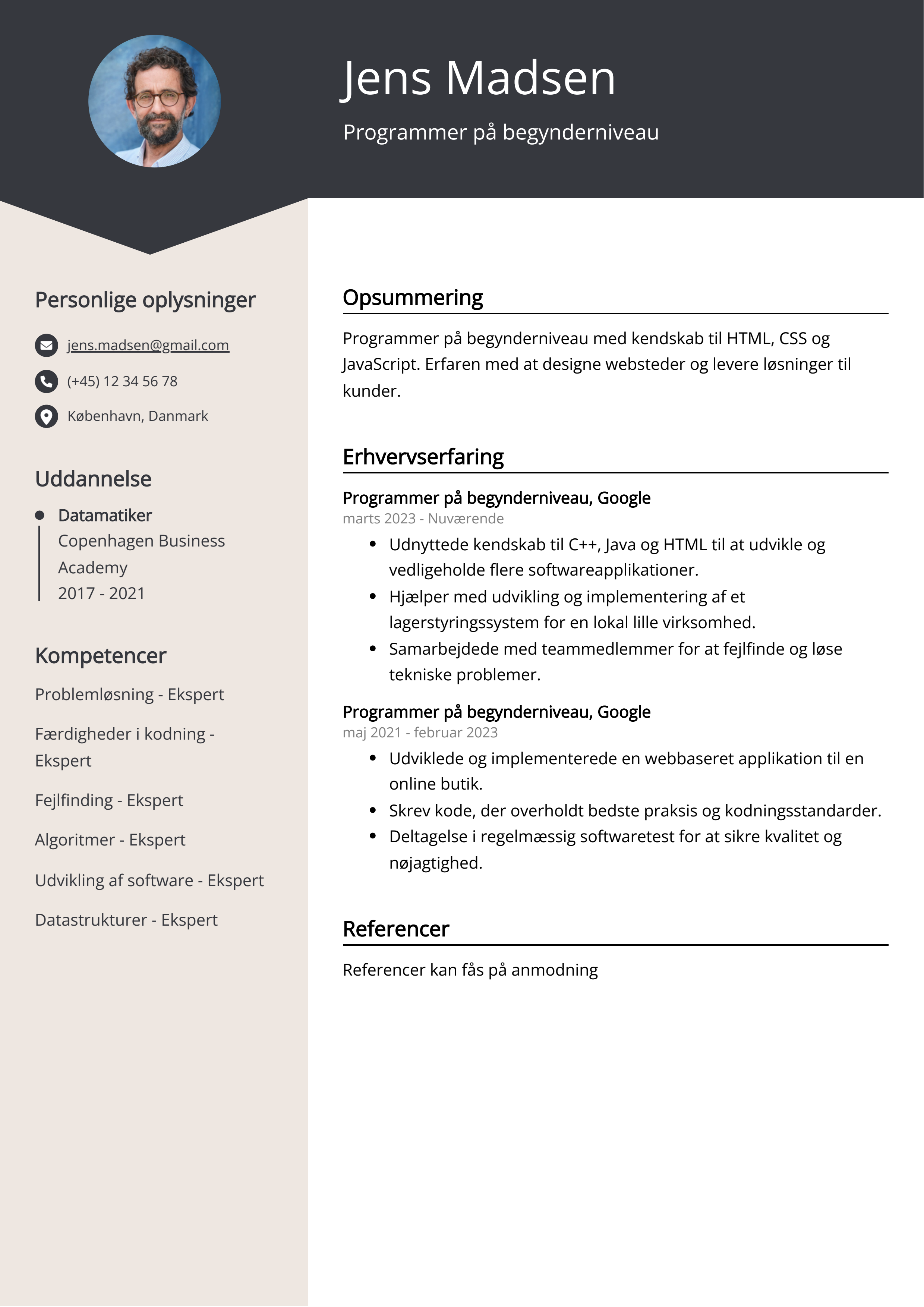 Programmør på begynderniveau CV-eksempel