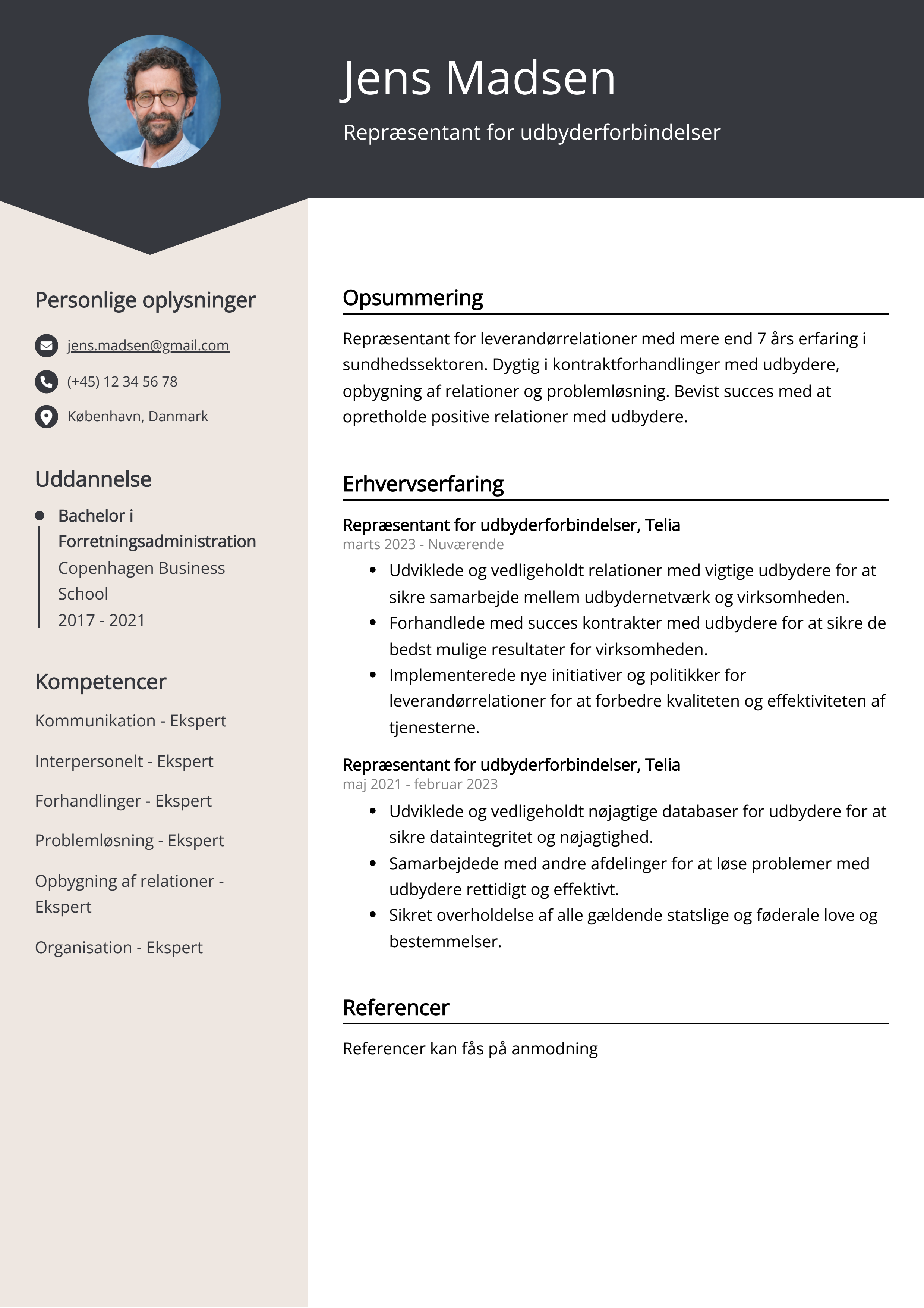 Repræsentant for udbyderforbindelser CV-eksempel