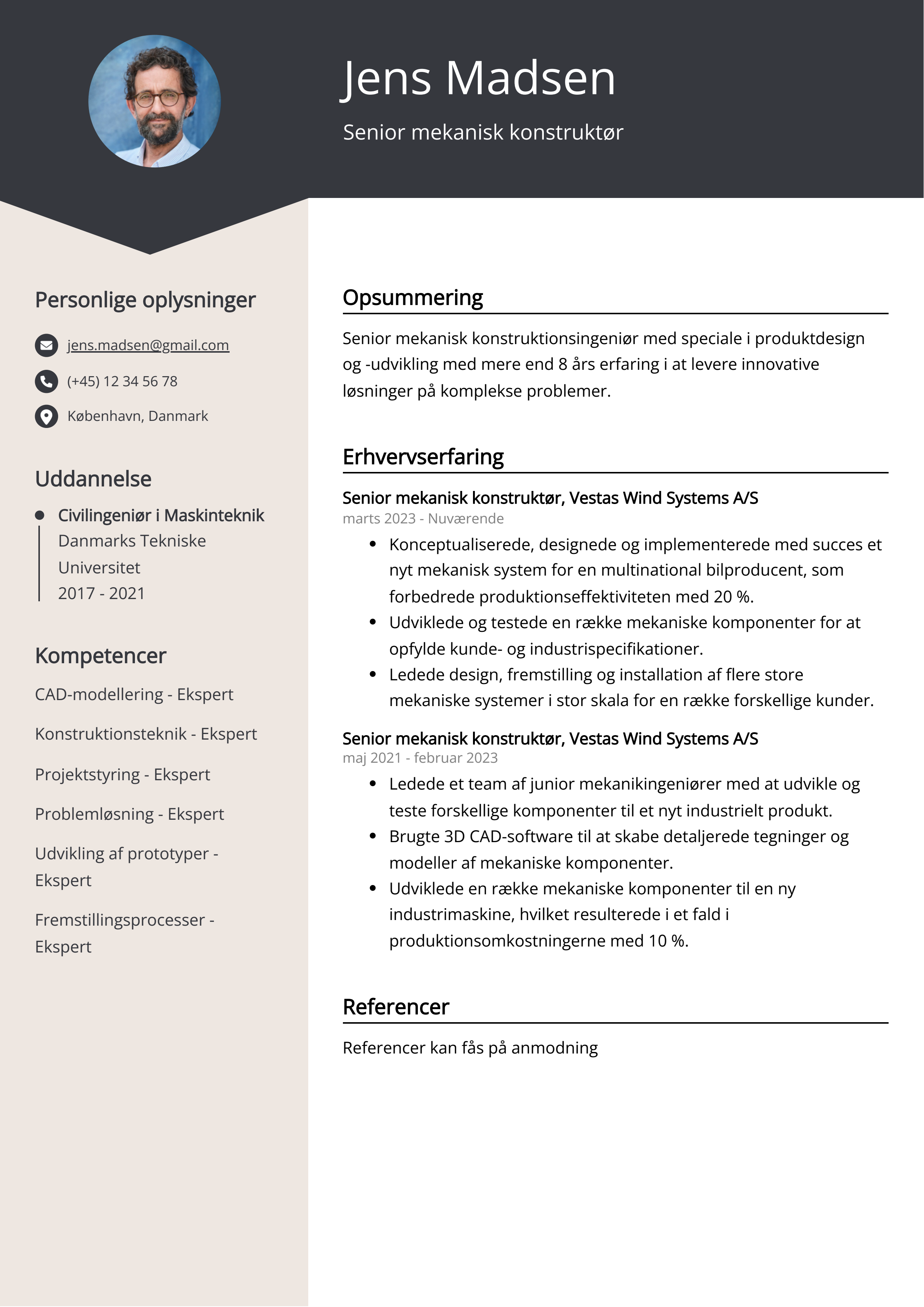 Senior mekanisk konstruktør CV-eksempel