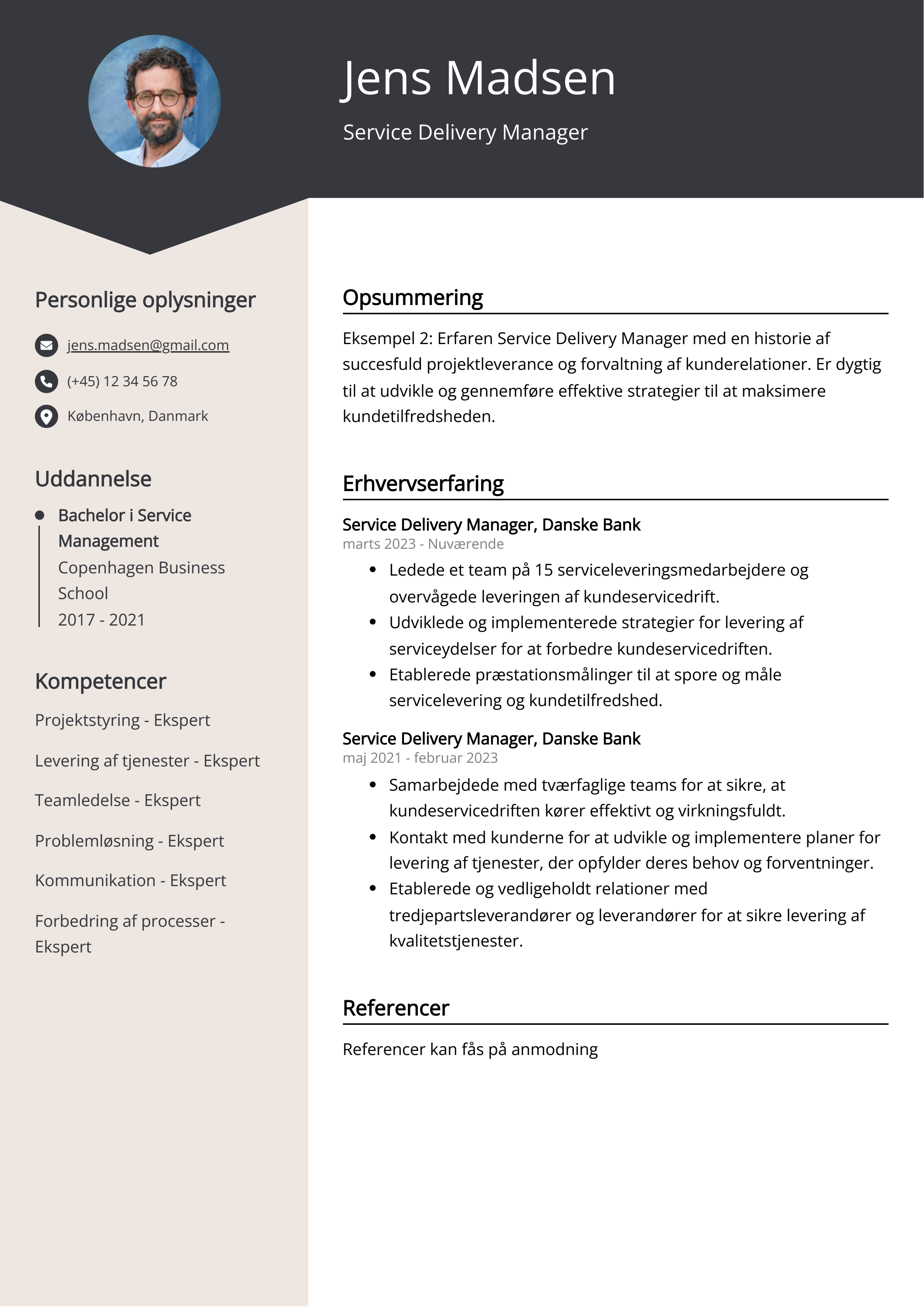 Service Delivery Manager CV-eksempel