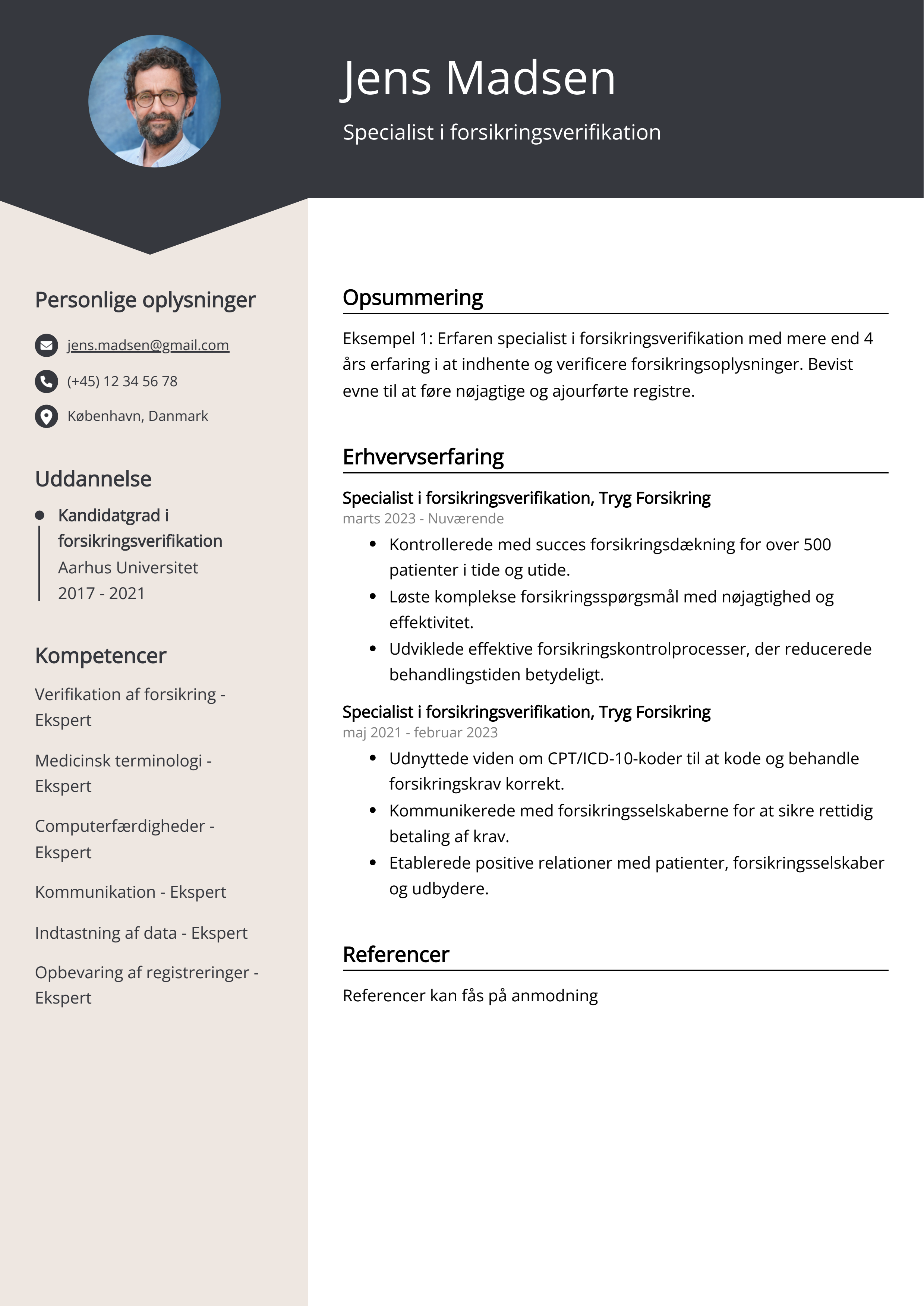 Specialist i forsikringsverifikation CV-eksempel