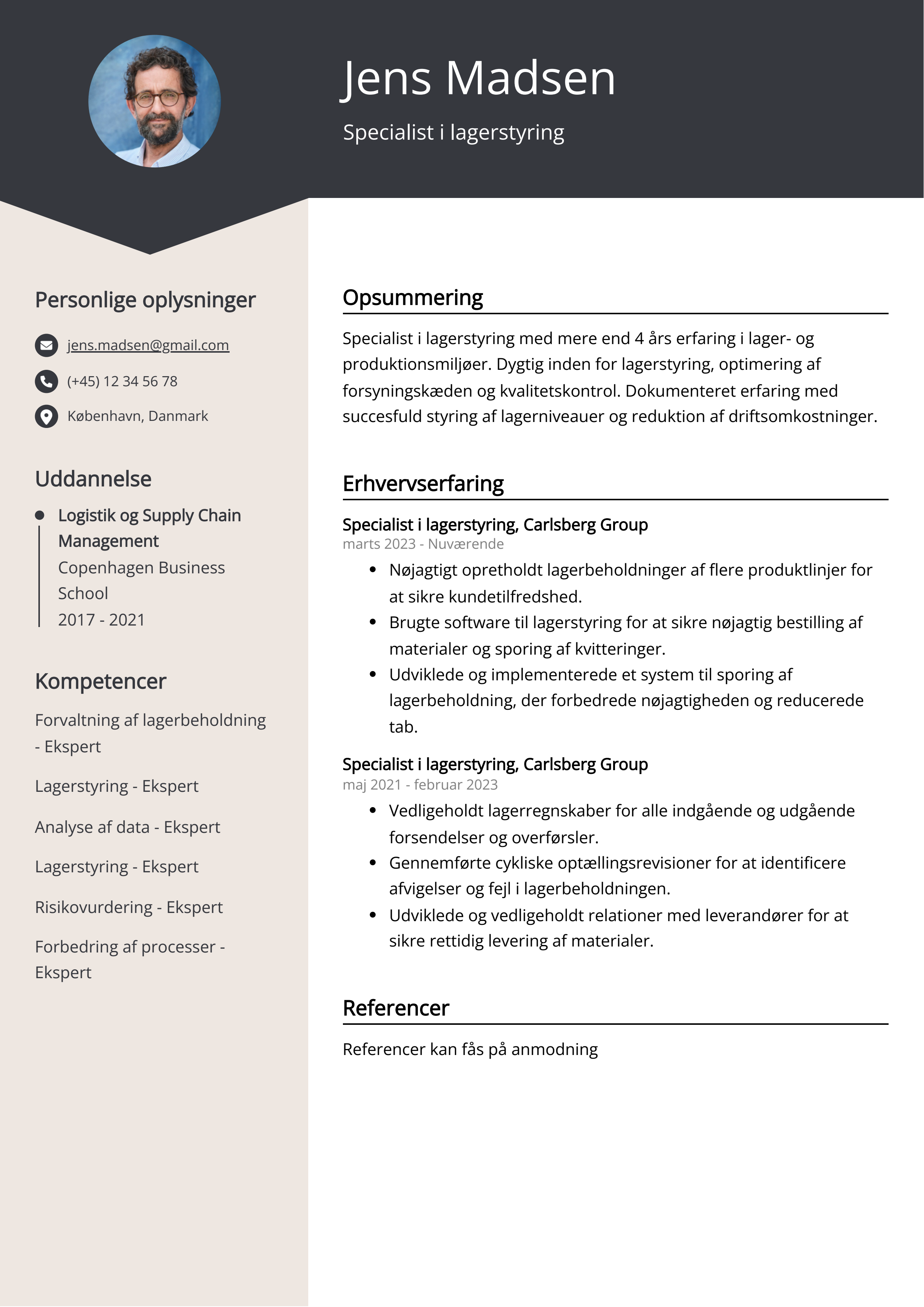 Specialist i lagerstyring CV-eksempel