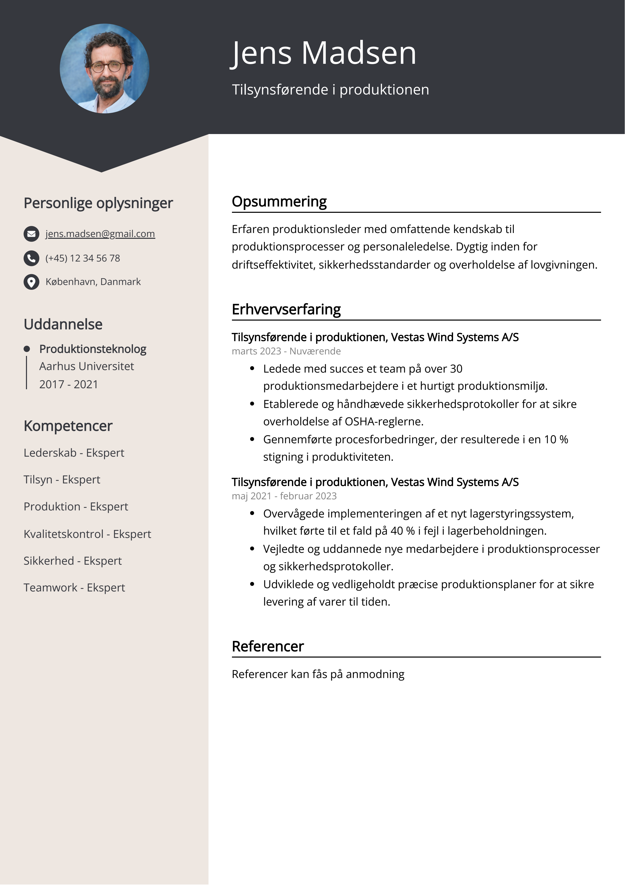 Tilsynsførende i produktionen CV-eksempel