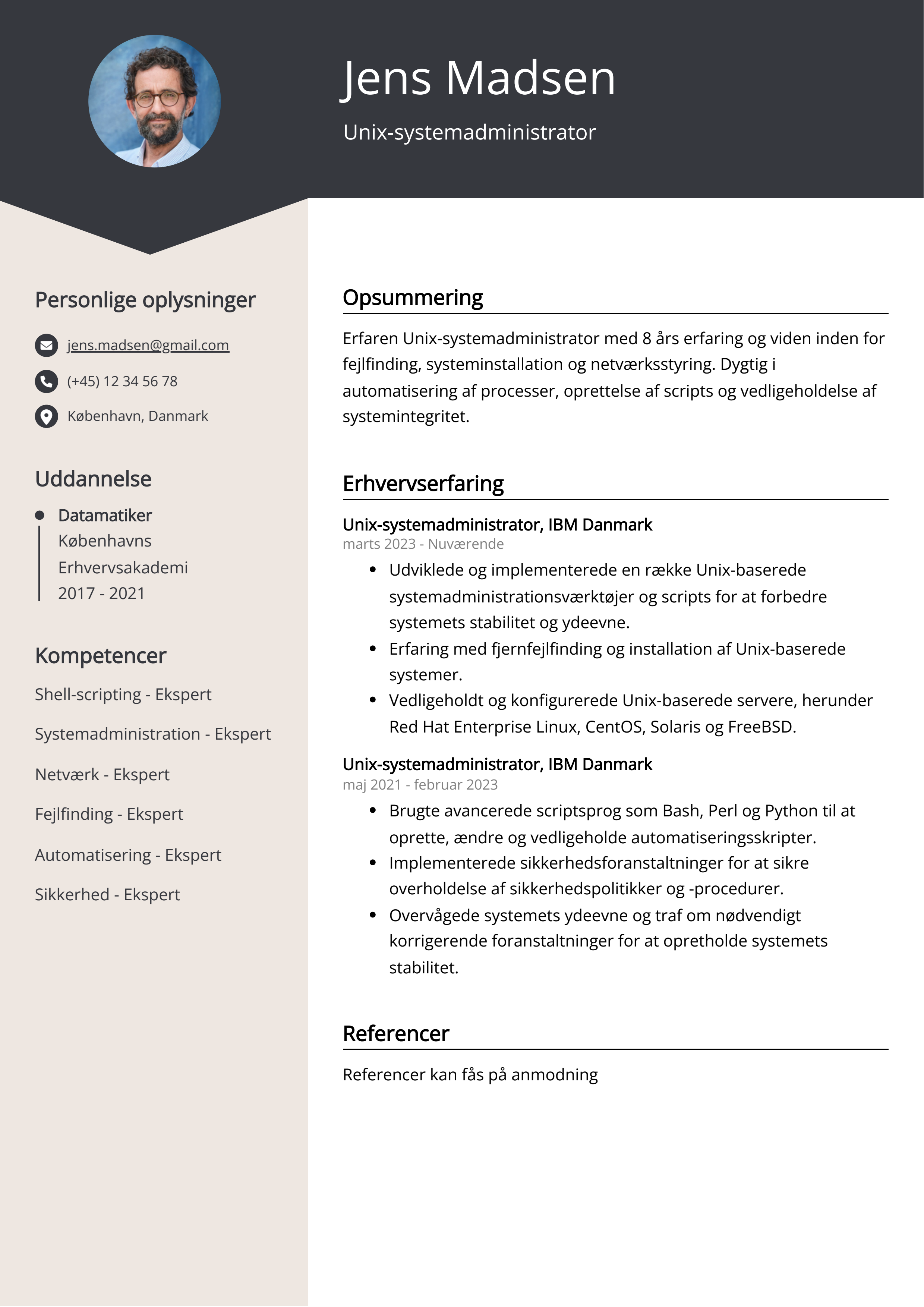 Unix-systemadministrator CV-eksempel